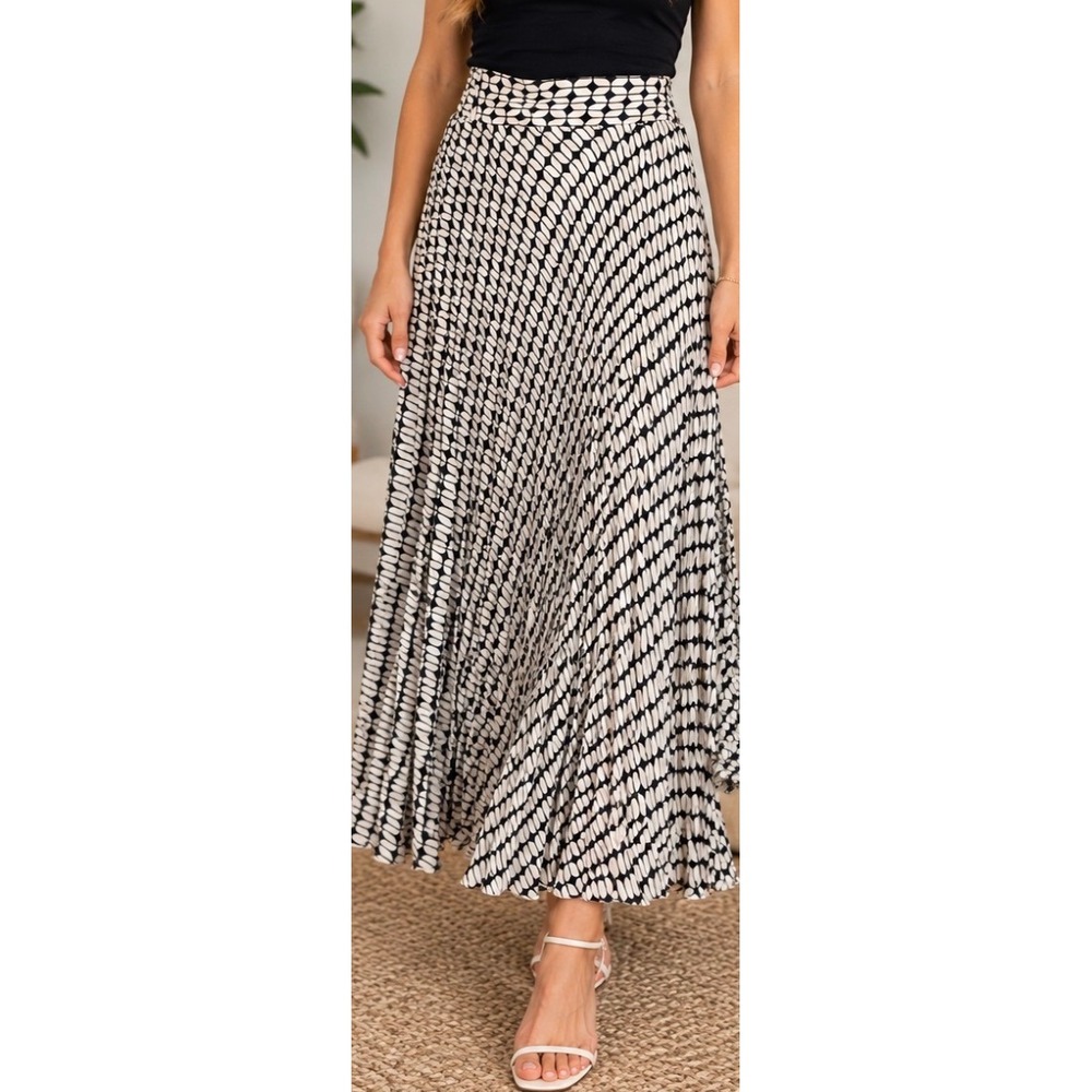 Zara Black White Geometric Optical Print Pleated Midi Skirt Size Medium_256